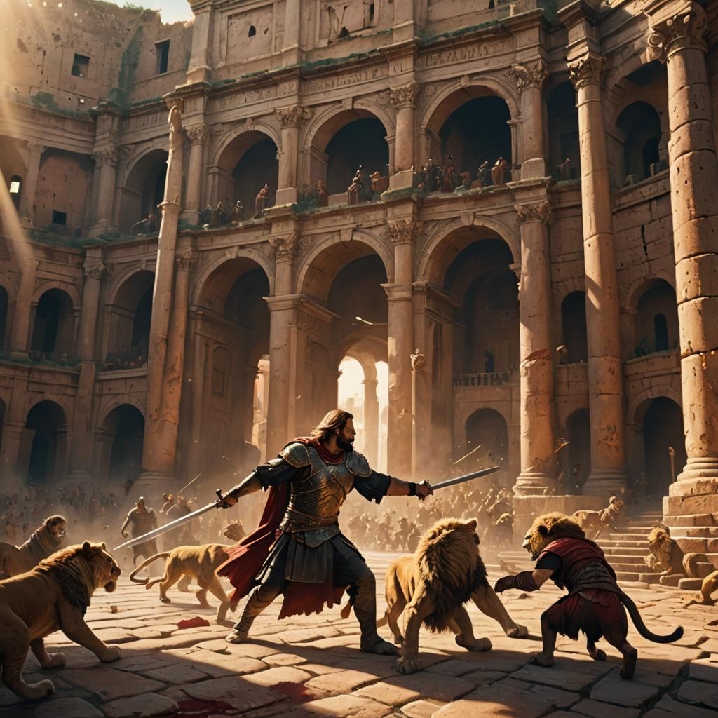 Colosseum Gladiator Fighting Lions: Fantasy Art