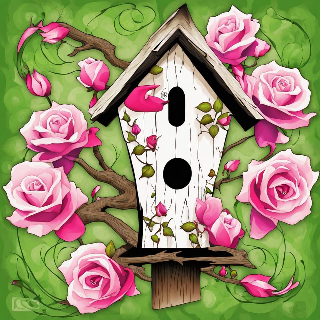 Birdhouse with Cascading Roses in Chinese Ink Style