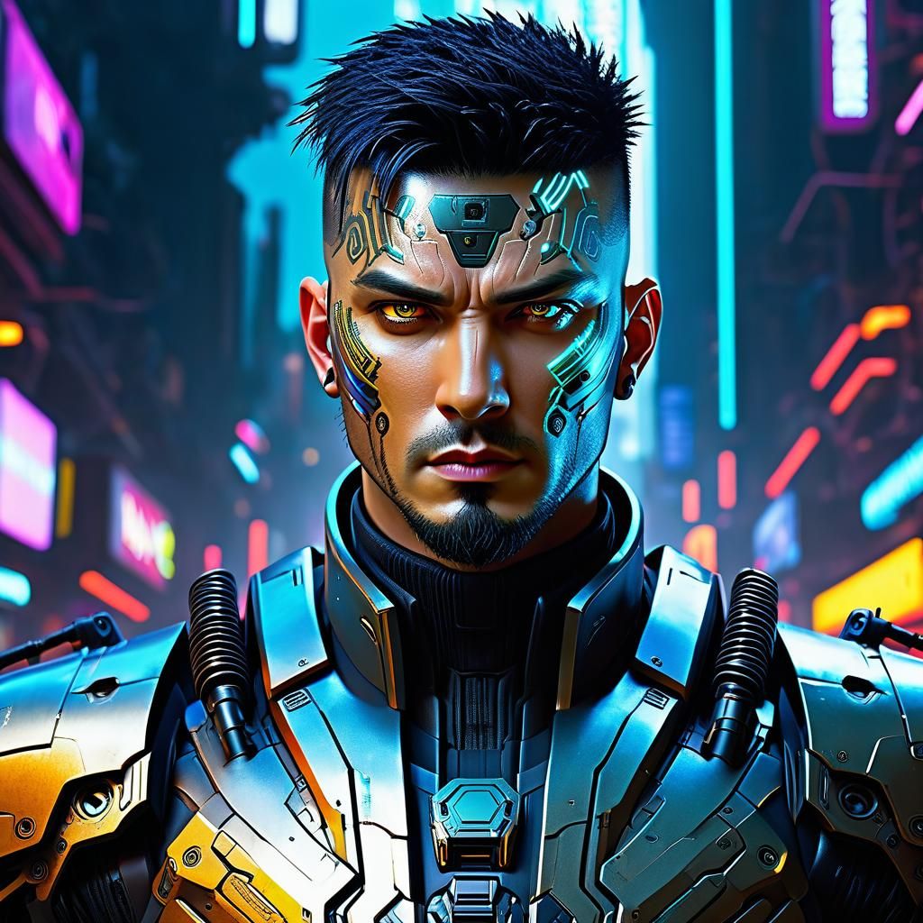 Cybernetic Warrior in Dystopian Cityscape, Cyberpunk Style
