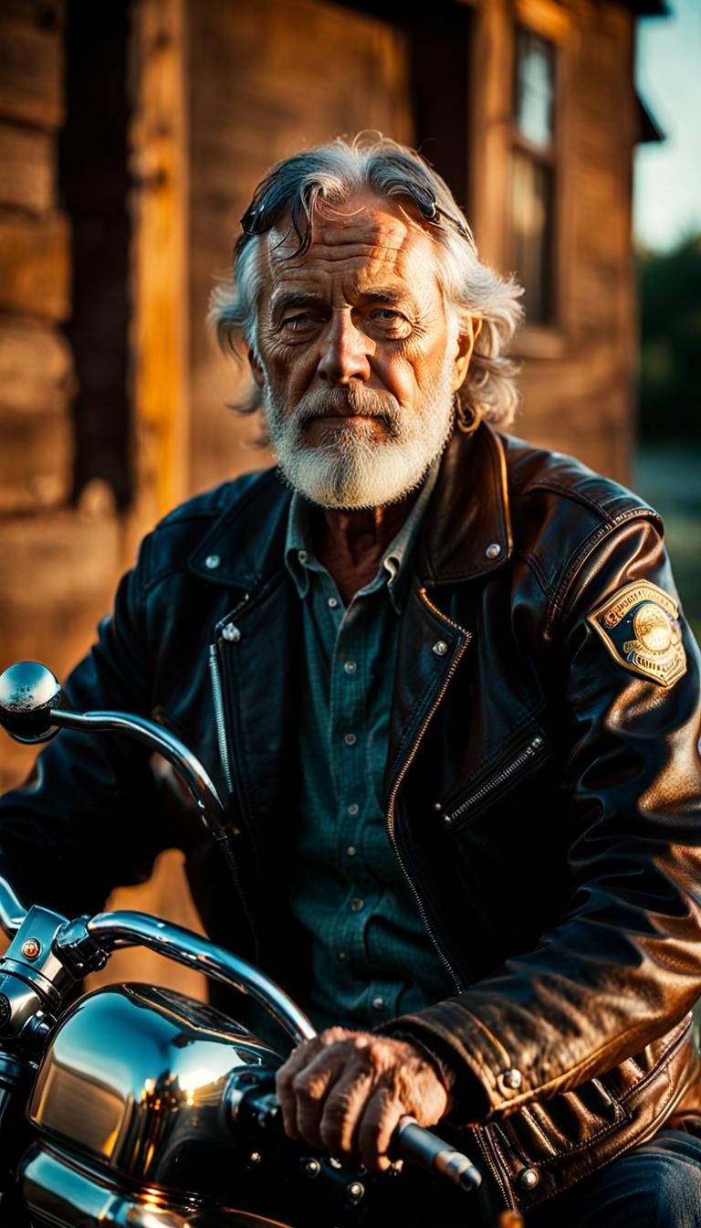 Gritty Biker at Golden Hour, Cinematic Photography