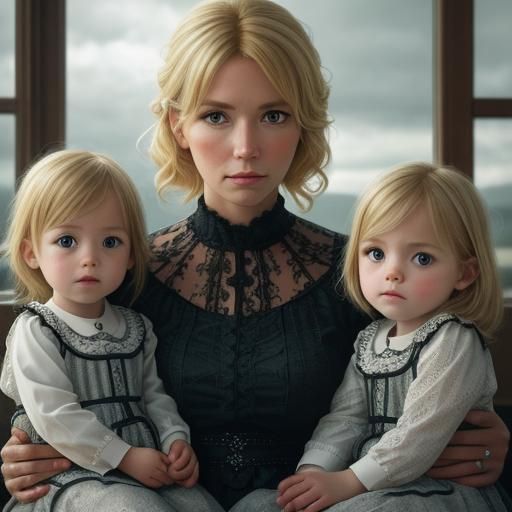 Cute Blonde Mom with children intricate details, HDR, beautifully shot, hyperrealistic, sharp focus, 64 megapixels, perf...