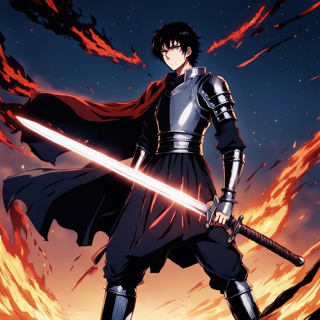 Anime Warrior with Flaming Sword in Dark Fantasy Style