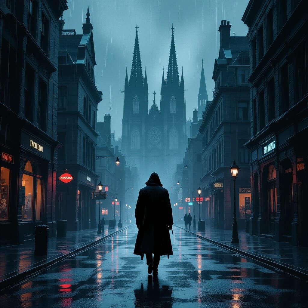 Dark City Street Scene with Gothic and Cyberpunk Elements