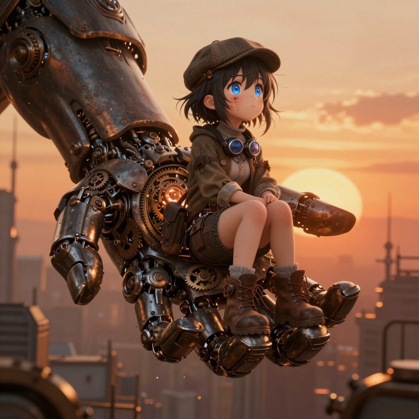 Steampunk Mech Hand Sunrise Over City