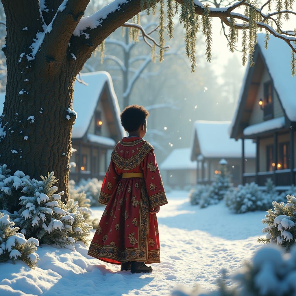 African American Boy in Snowy Village with Majestic Trees