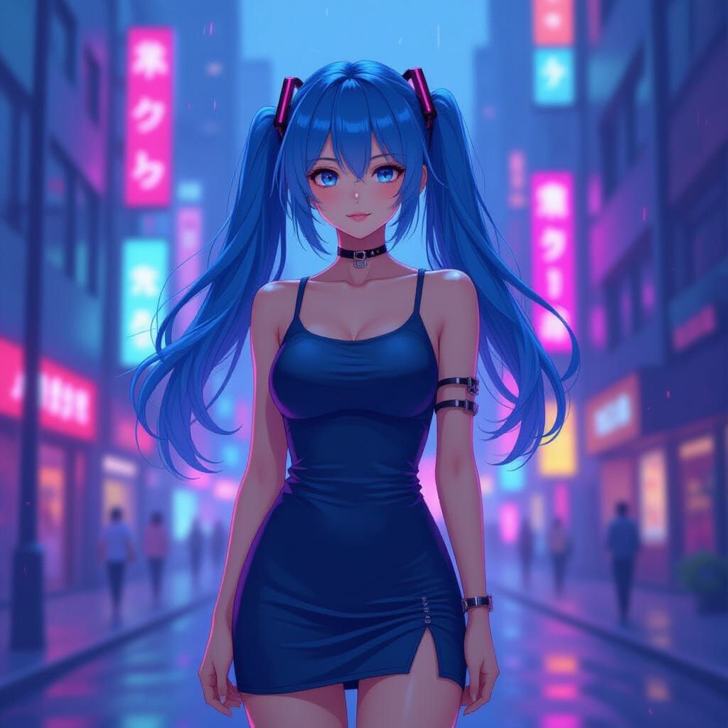 Miku in Neon Cityscape, Anime Digital Art Style