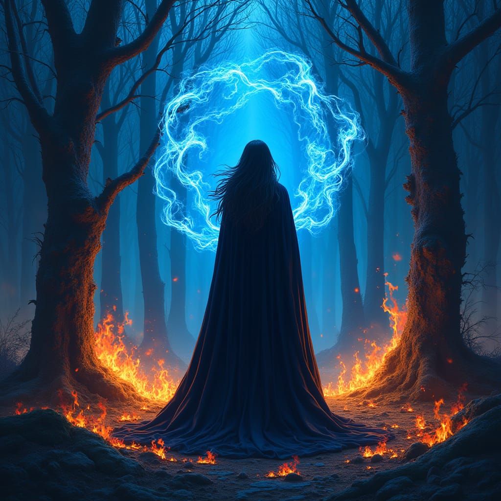 Mystical Woman Ignites Inferno in the Heart of the Forest