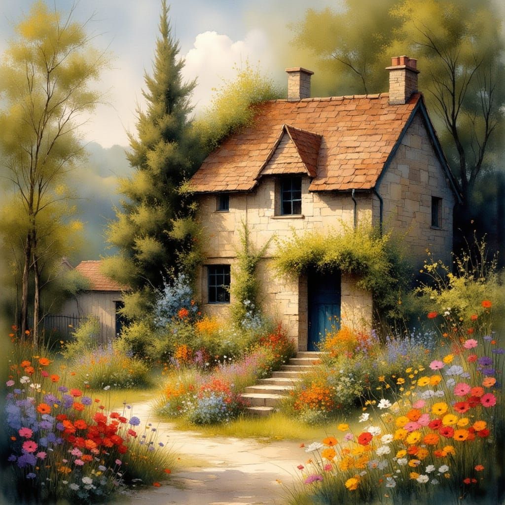 Quaint Village Cottage in Fall, Folk Art Style