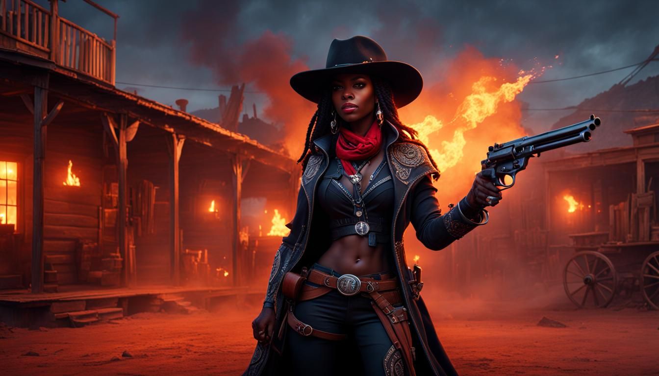 Black Cowgirl in Burning Western Town, Matte Painting
