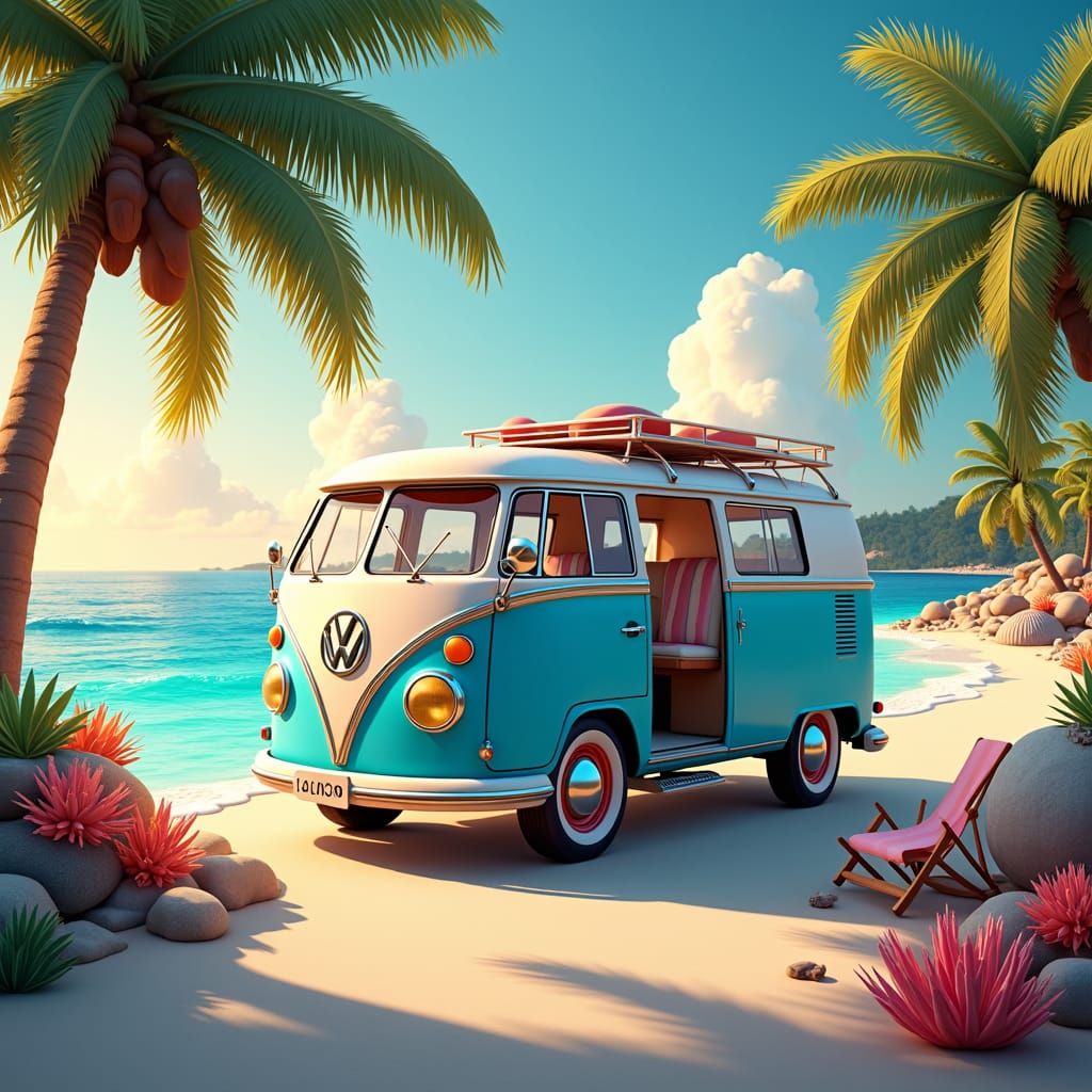 Tropical Beach Sunset with VW Van in Syd Mead Style