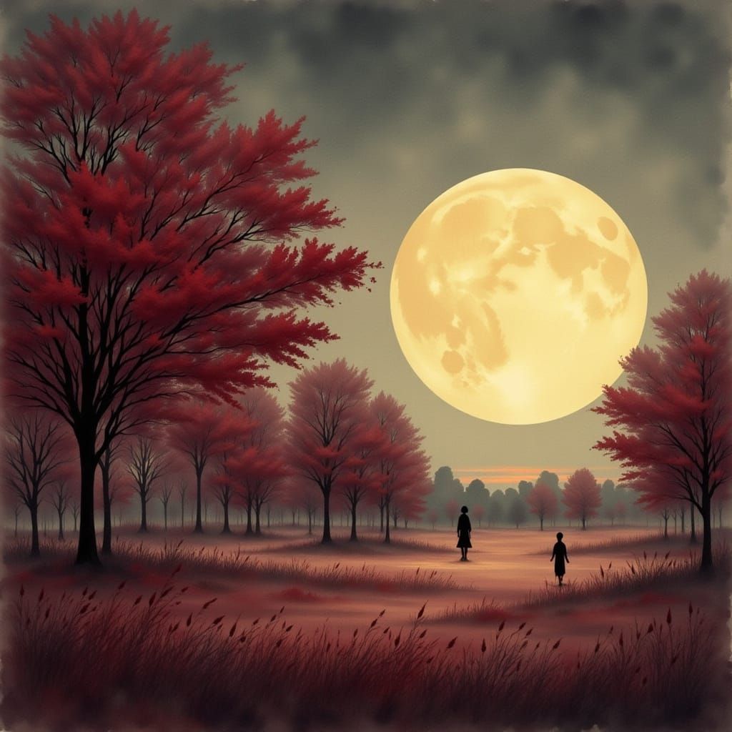 Autumn Twilight Landscape with Luminous Moon and Stylized Fi...