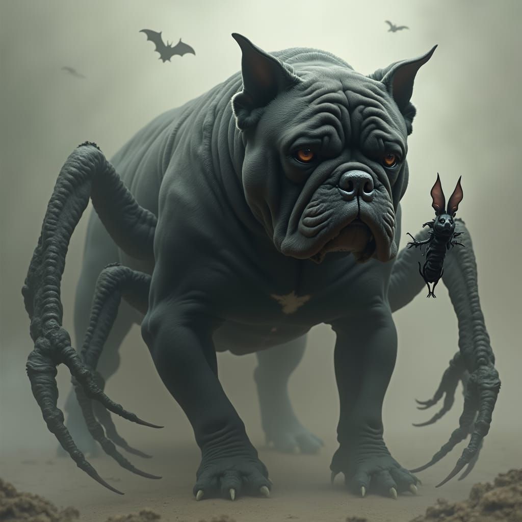 Dreamlike Black Bulldog Grasps 16 Bats in Whispers of H.R. G...