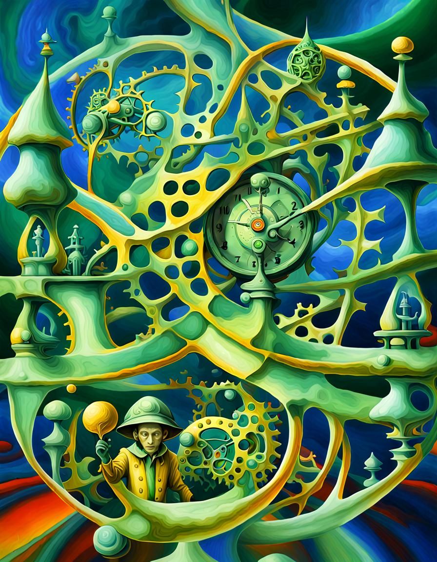 Two green mechanic elves with psilocybe clock heads, Mescali...