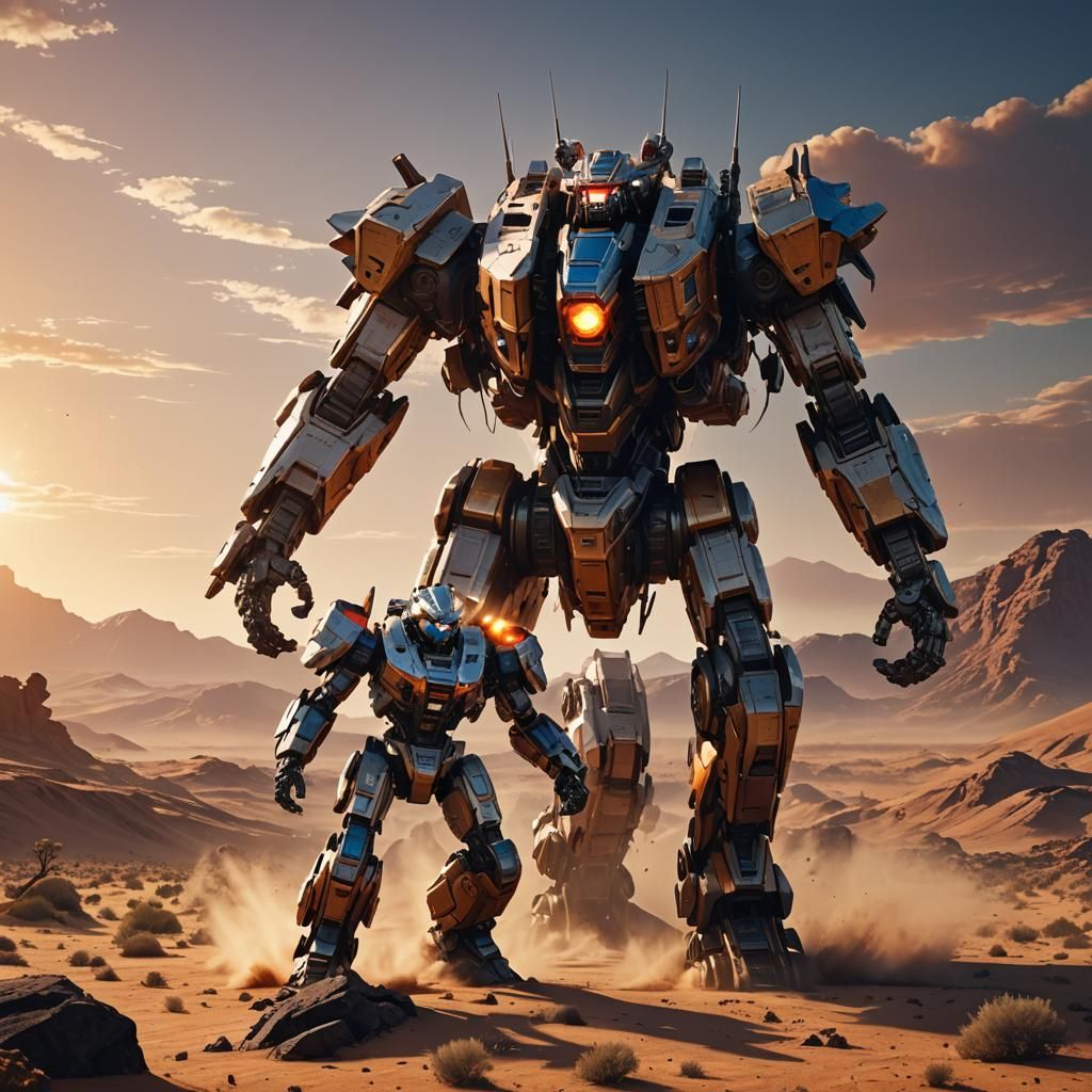 Epic Sci-Fi Mecha Battle in Desert Landscape