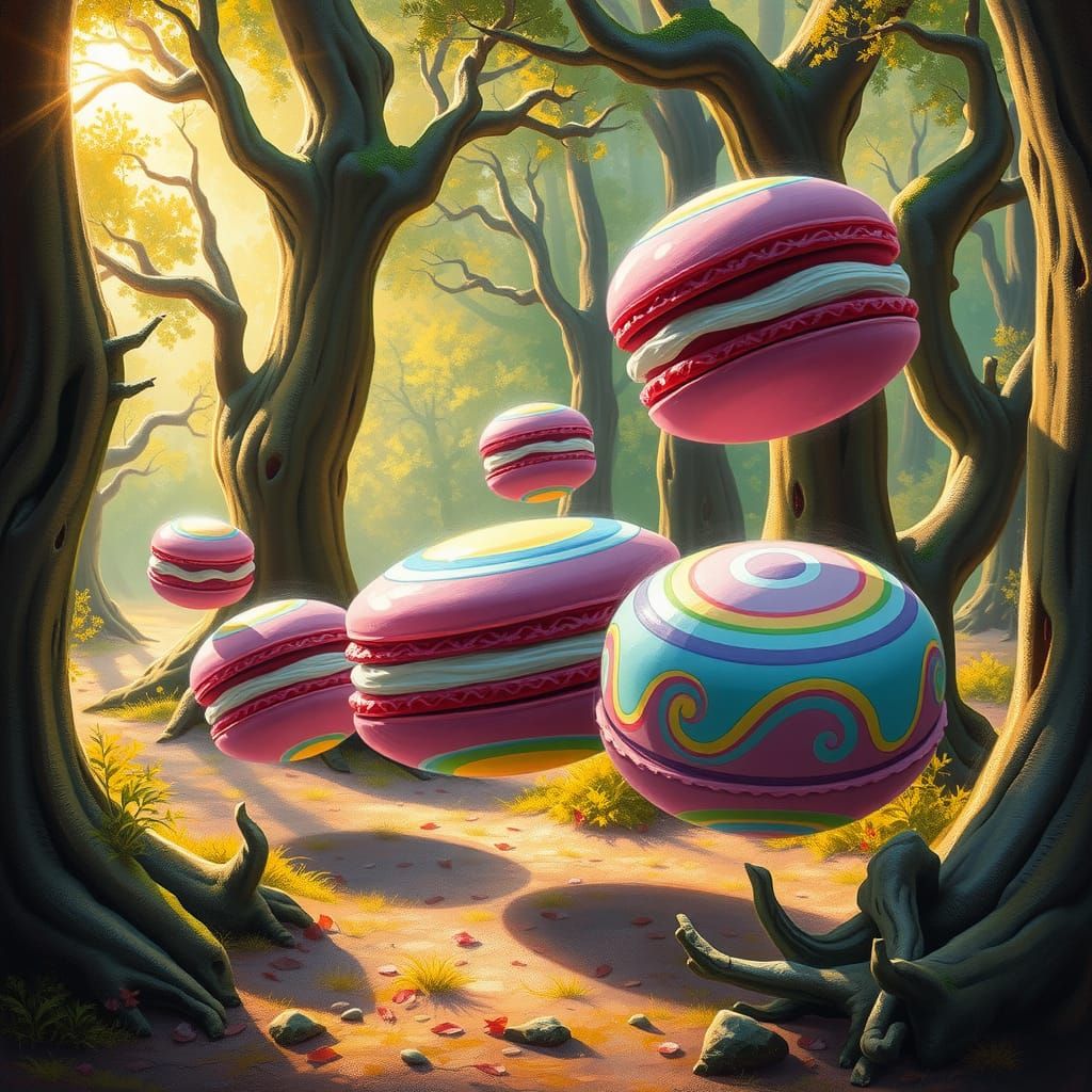 Macaron Parade in Enchanted Forest, as Oil Painting