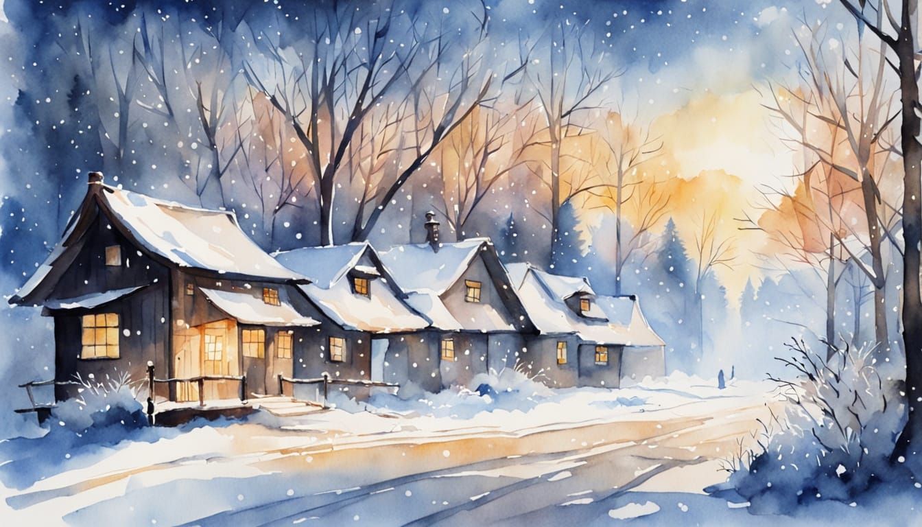 Whimsical Watercolour Japanese Winter Scene with Icicle Drea...