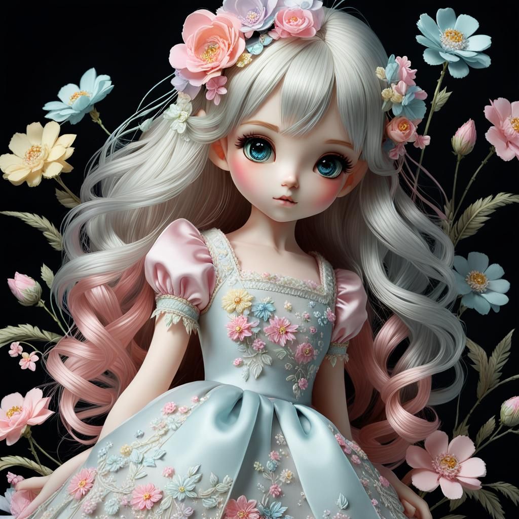 Pastel Doll with Embroidered Flowers in Kawaii Style