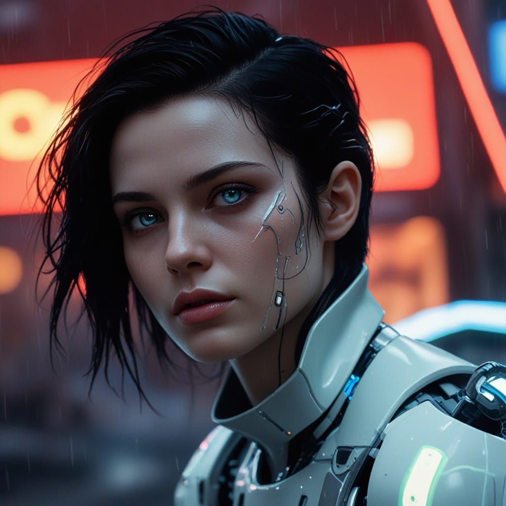 Glowing Robot Goddess in Neon Cyberpunk Cityscape