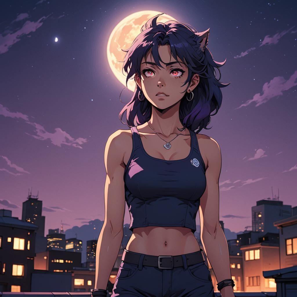 Confident Anime Werewolf Girl on Rooftop