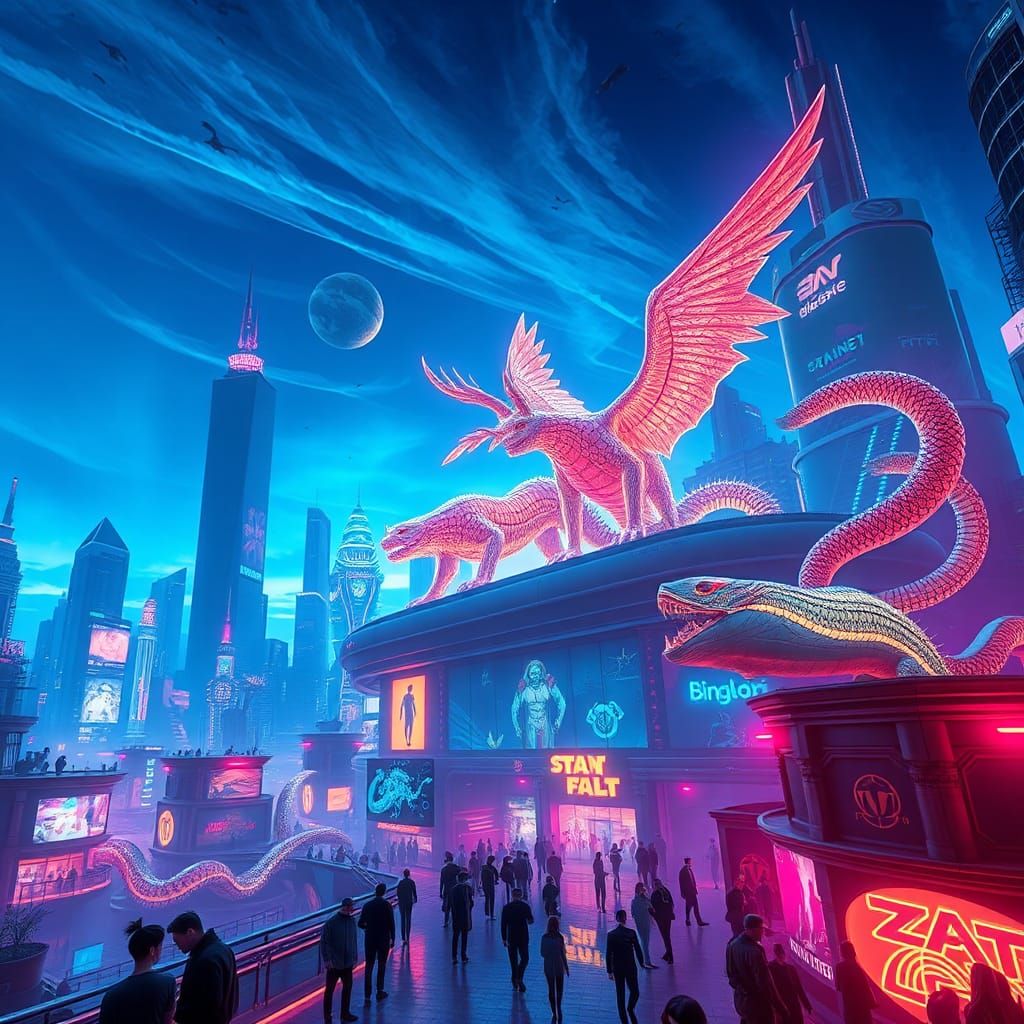 Futuristic Metropolis with Floating Zoo in Cyberpunk Style