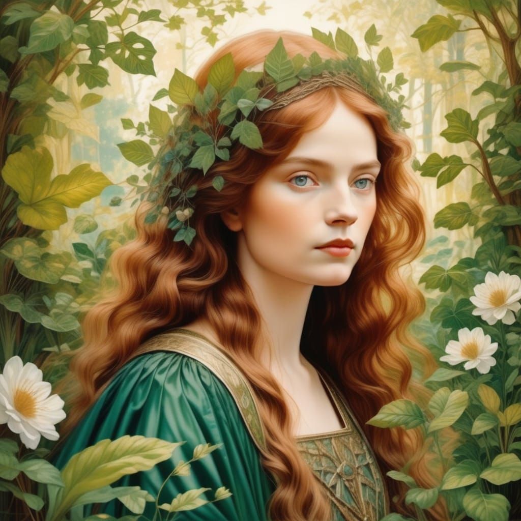 Medieval Queen in Lush Foliage, Pre-Raphaelite Style