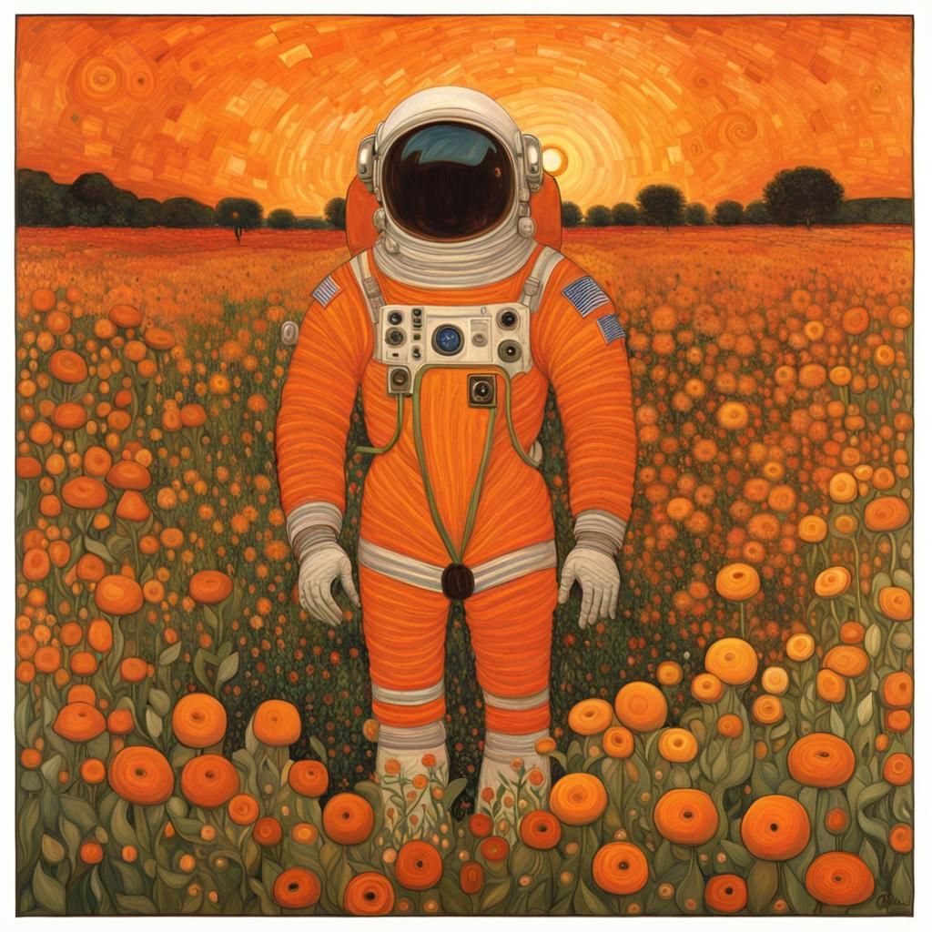 Astronaut in Orange Floral Field: Klimt-Inspired