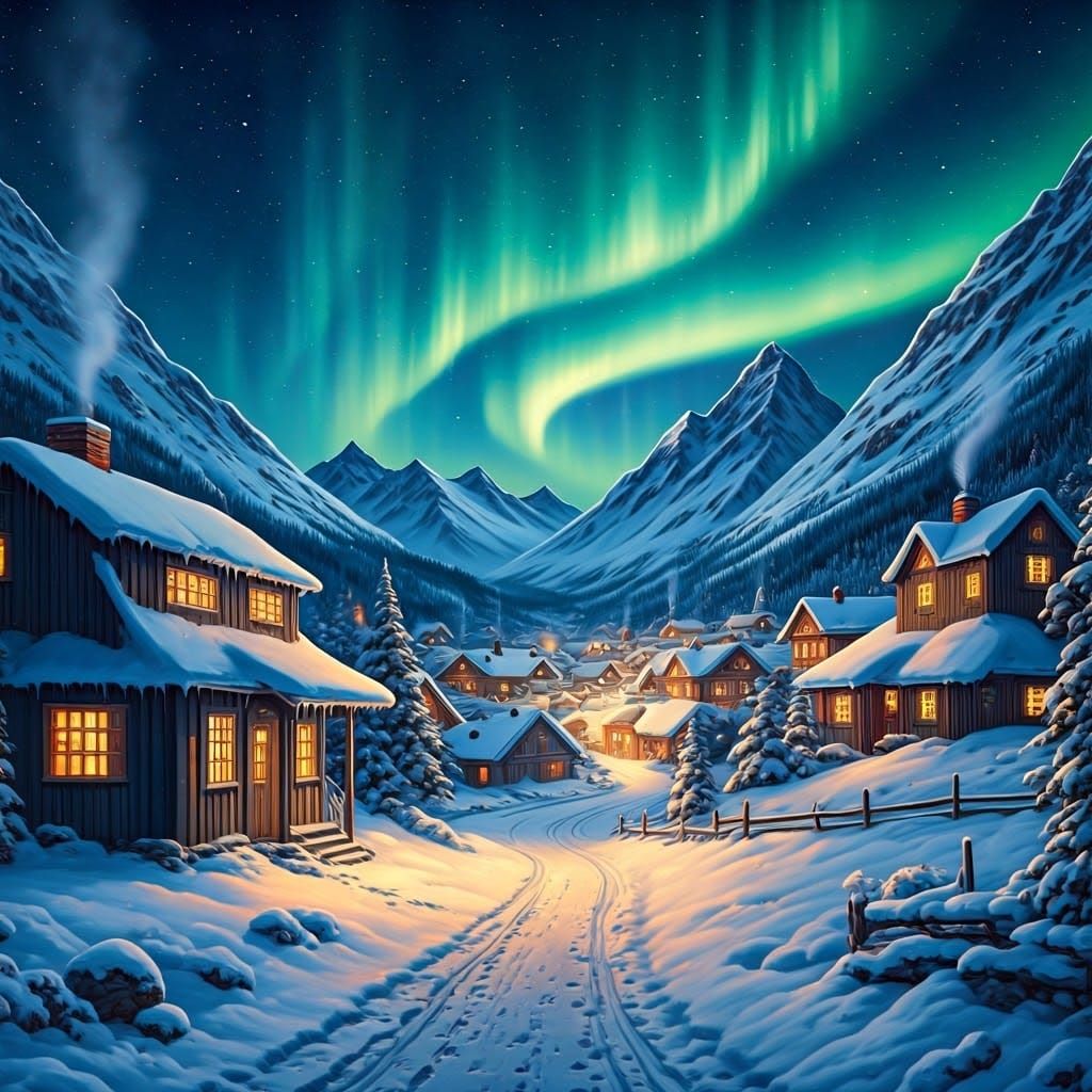Idyllic Snow-Covered Village Under Northern Lights