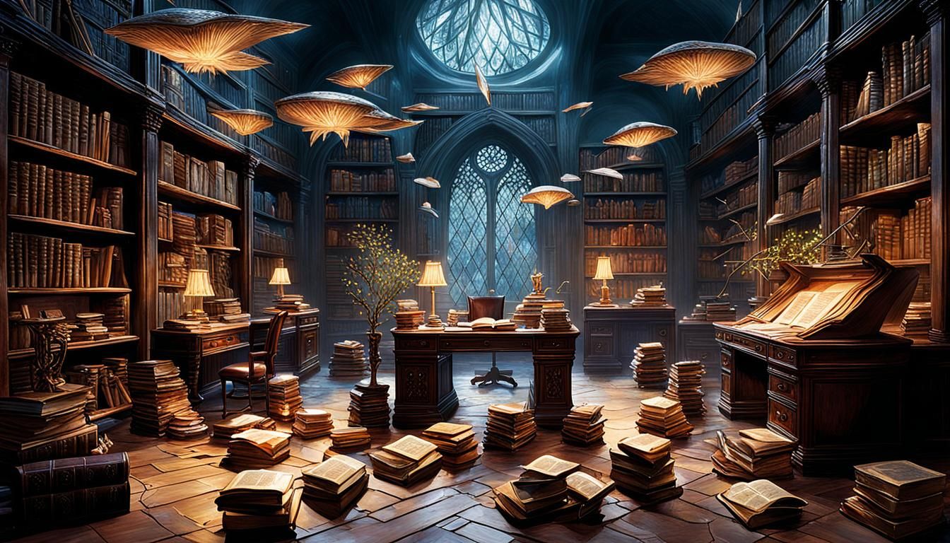 Enchanted Office with Floating Books and Fairies