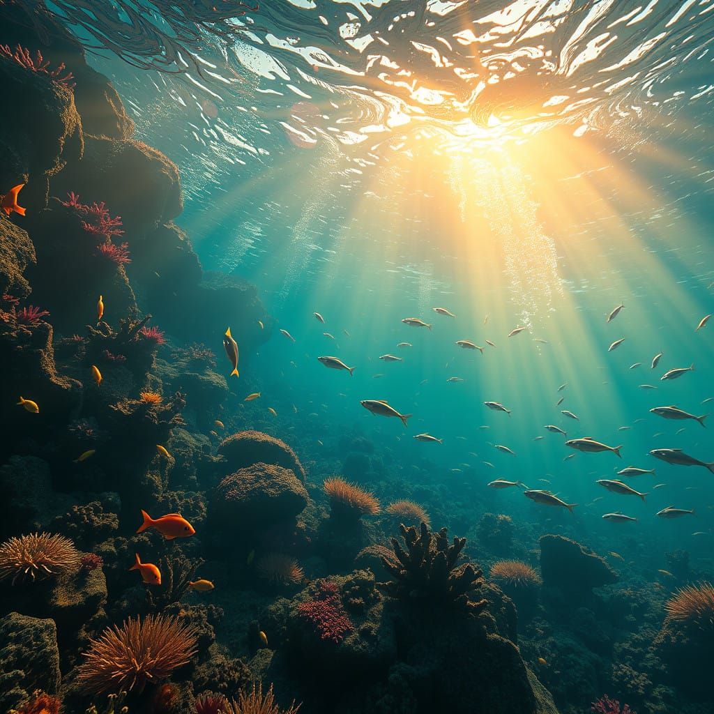 Surreal Underwater Realm Illuminated by Golden Sunlight