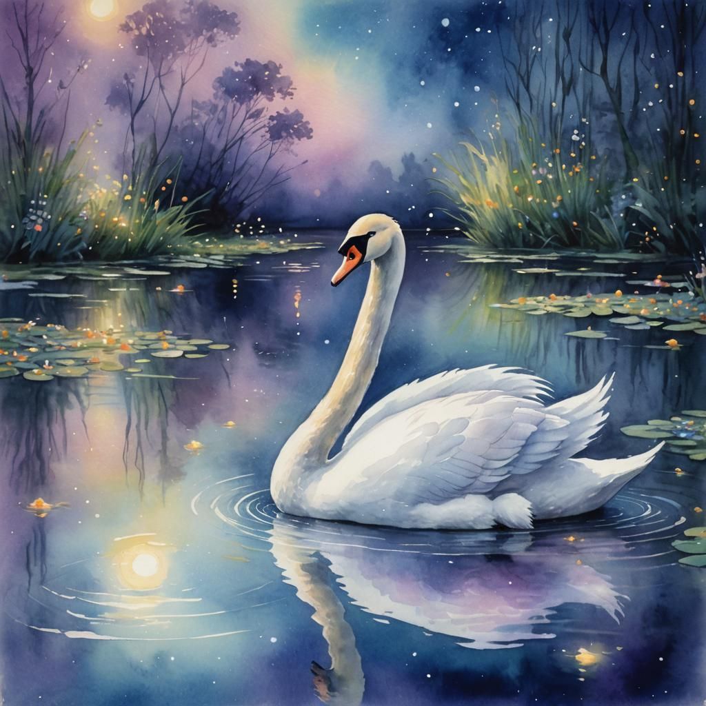 Swan in Moonlit Pond: Dreamy Watercolor Painting