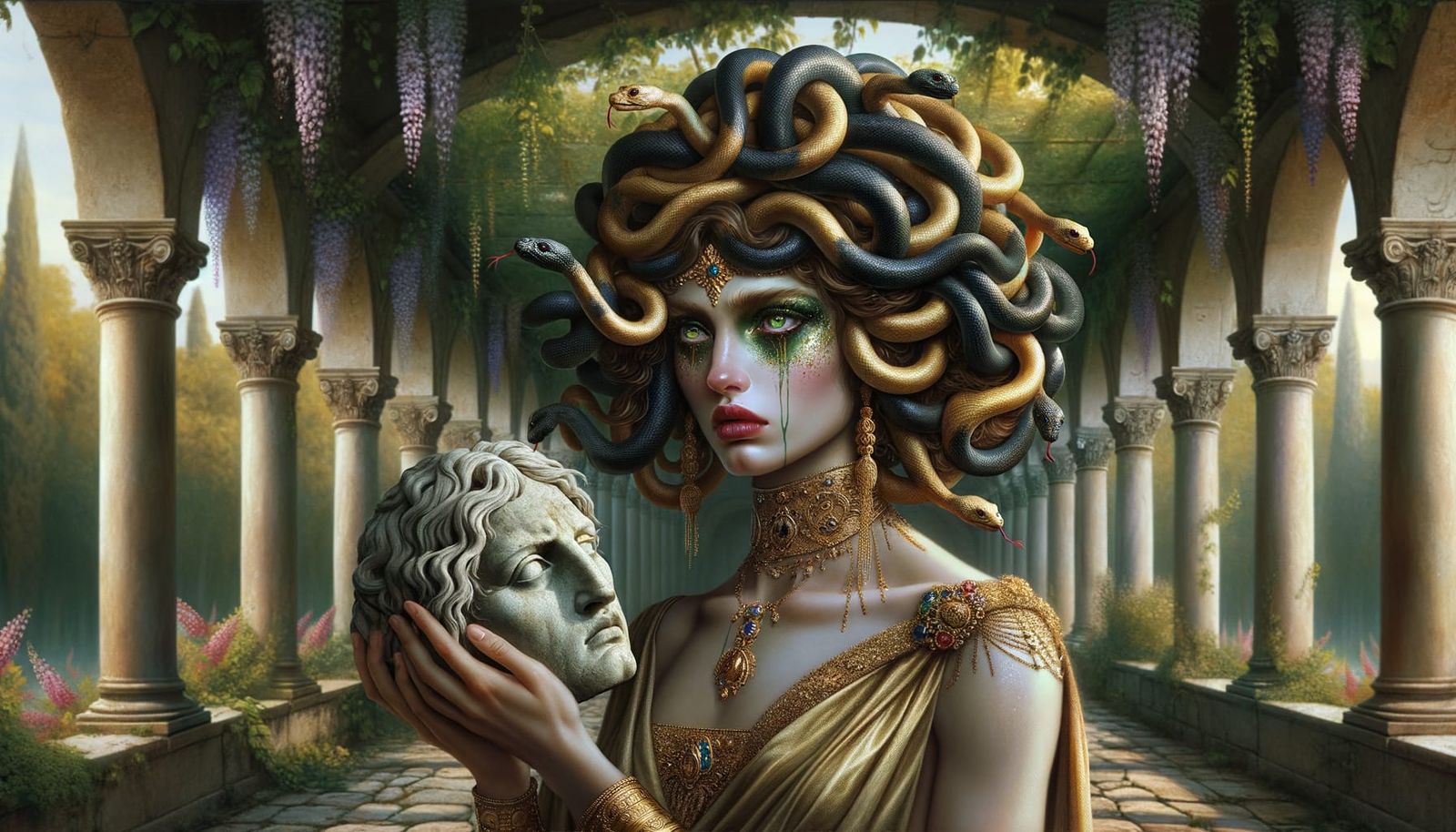 A beautiful image of Medusa, dressed in elaborate Greek dress adorned in jewels and gold trimming, her face is a vision,...