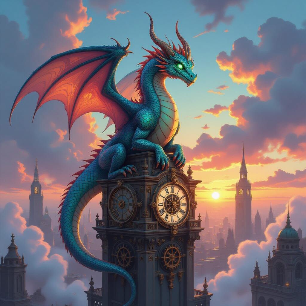 Steampunk Dragon on Clockwork Spire, Iridescent Scales