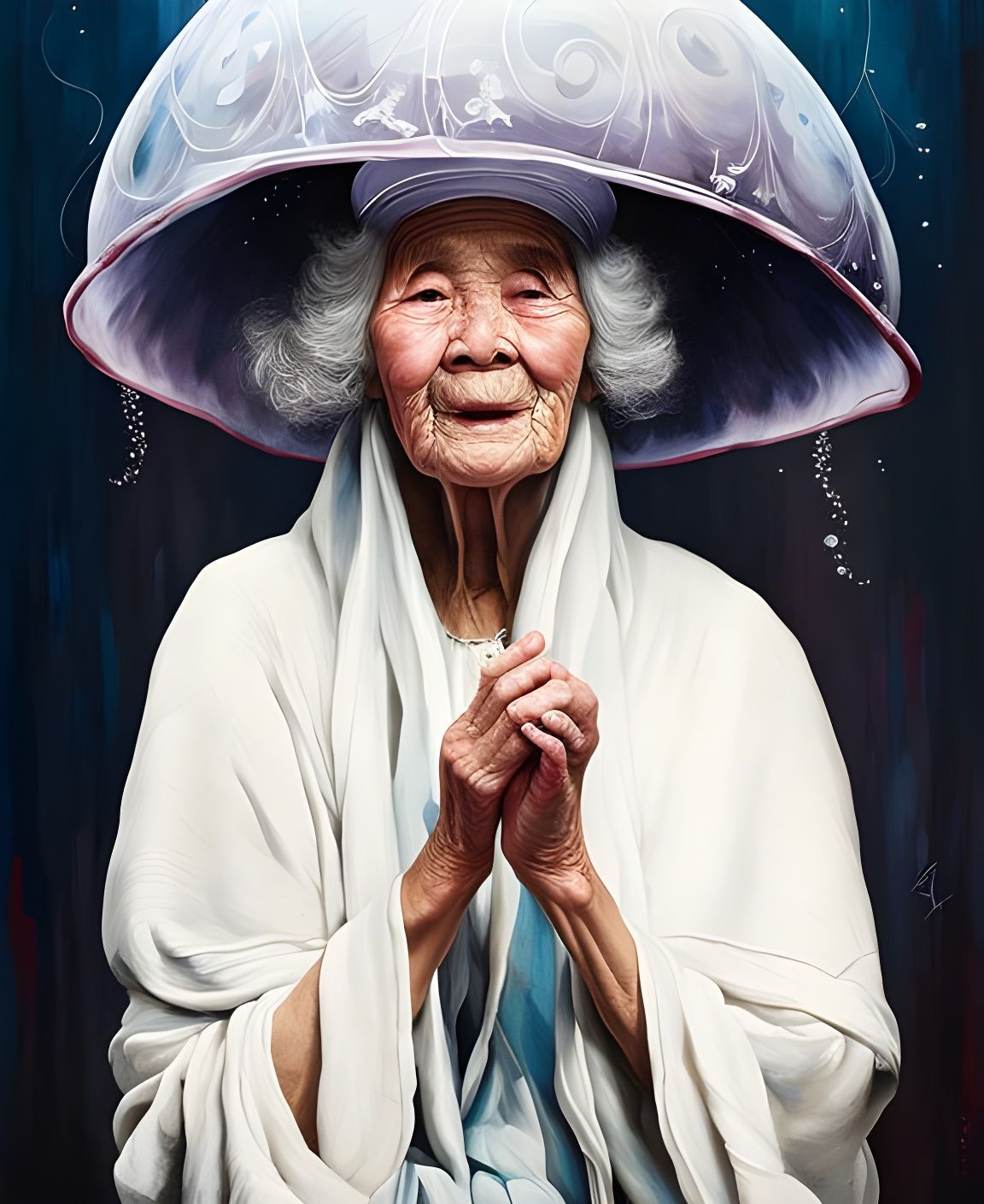 Old Woman in Jellyfish Hat: Expressive Impasto Portrait
