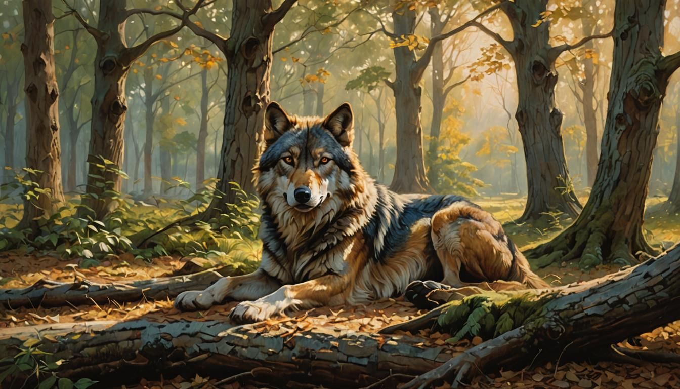 Wolf in Forest Clearing, Oil Painting