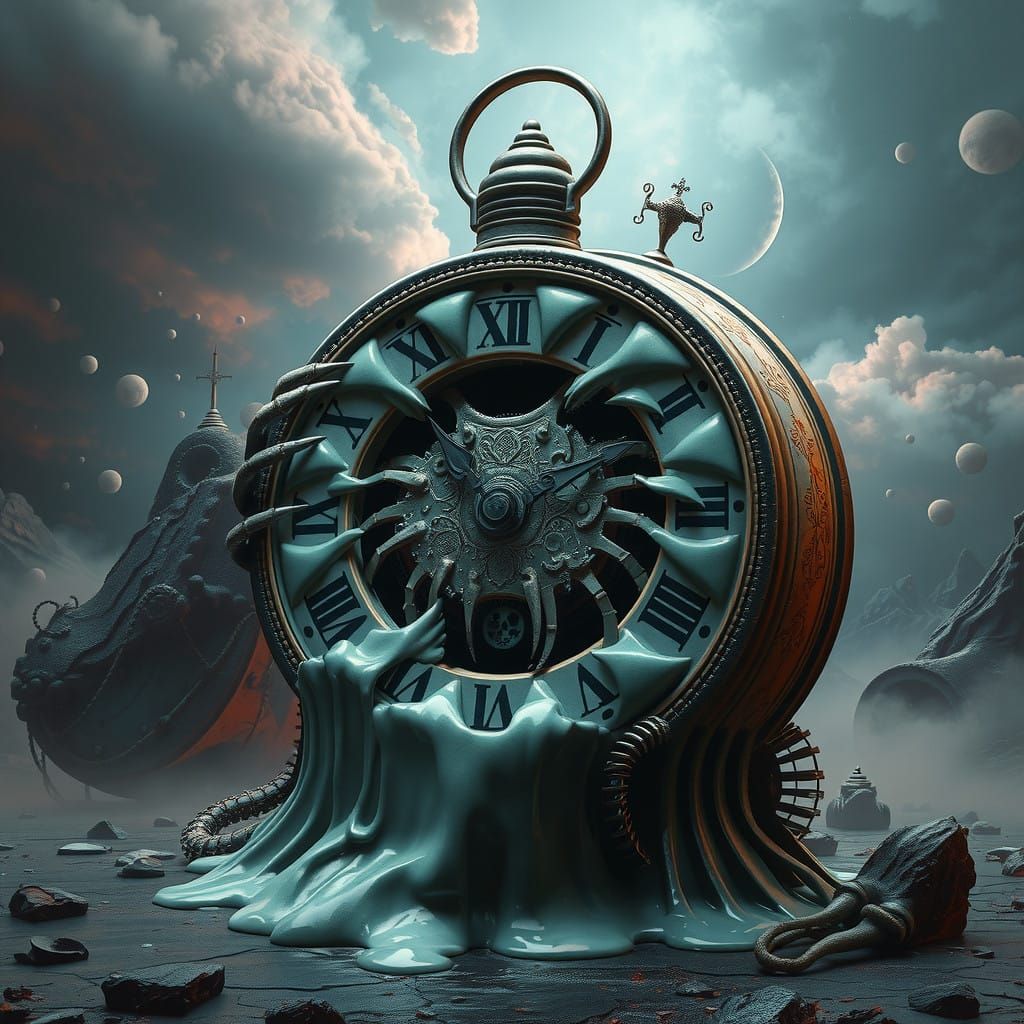 Surrealist Dreamscape of a Melting Clock in Cyberpunk Aesthe...
