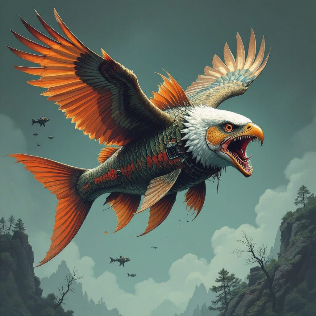 Eagle-Fish Hybrid with Venomous Teeth, in Dark Art Style