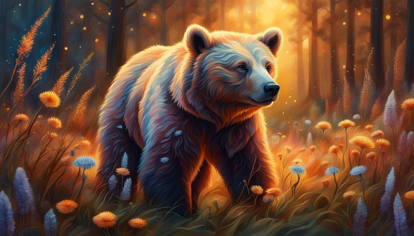 Fantasy Bear Cub in Moonlit Autumn Forest
