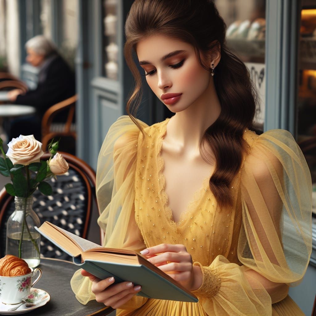 Woman Reading at Cafe with Yellow Outfit