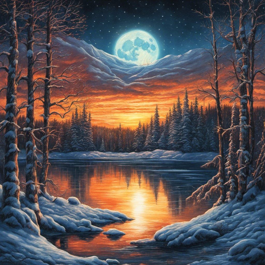 Frozen Lake Bonfire: Colored Pencil Winter Scene