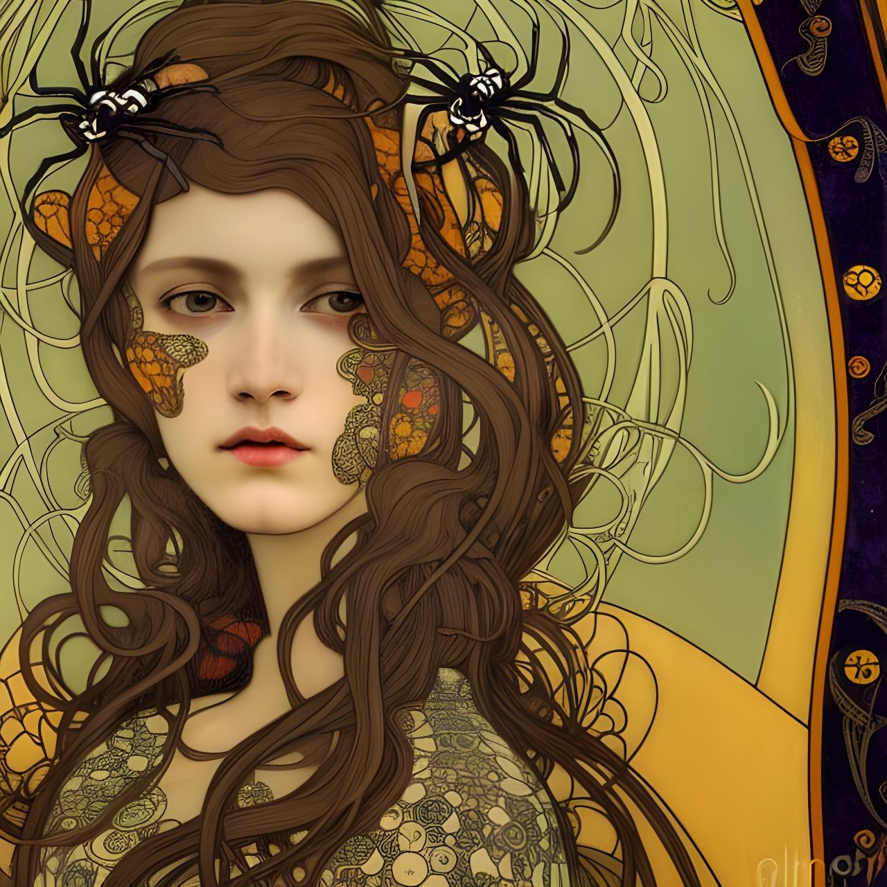 Art Nouveau Portrait of Woman with Spiders