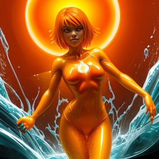 Liquid Orange Superheroine Flooded with Orange Juice