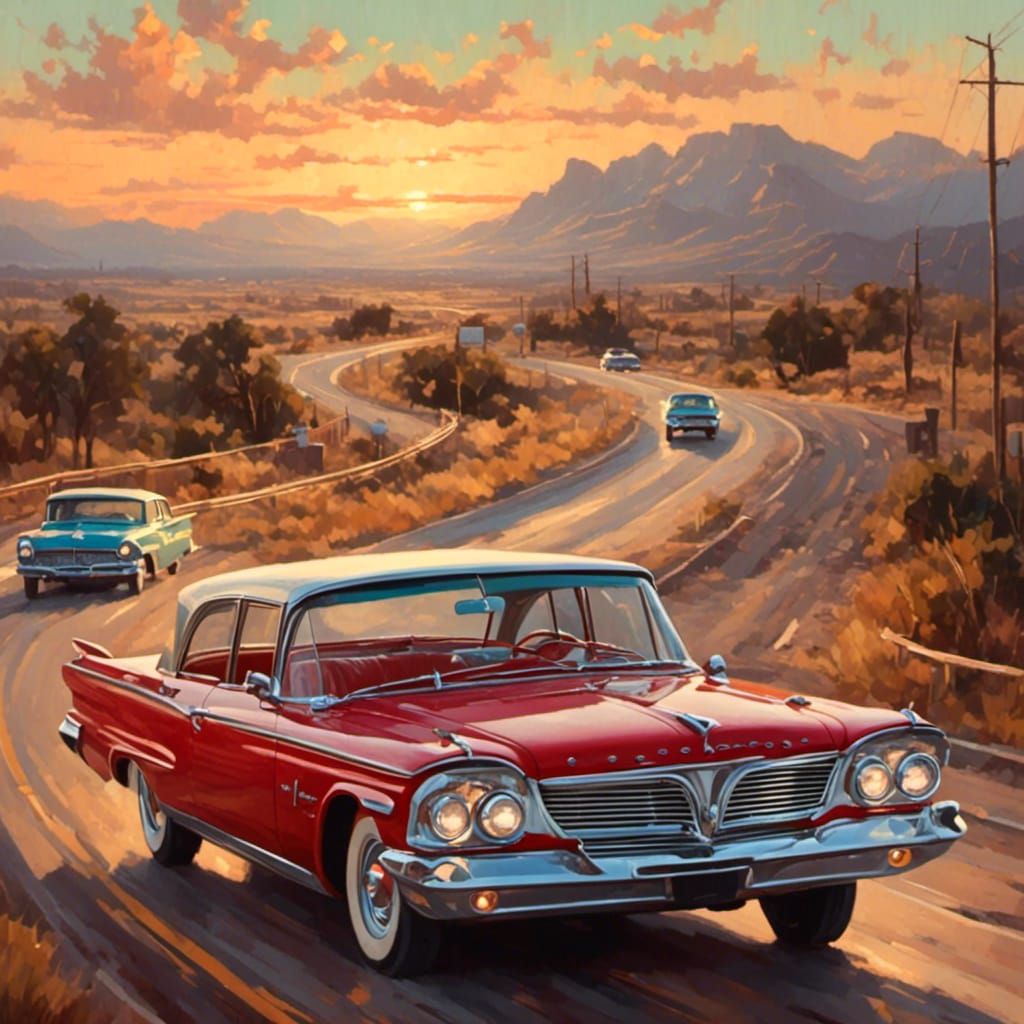 Early 60s automobile driving down the highway