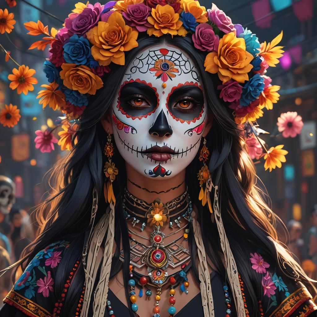 Woman with Día de los Muertos Face Paint in 3D Anime Art