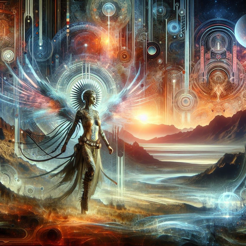 Tribal Monster Hunter in Post-Apocalyptic Sci-Fi Landscape