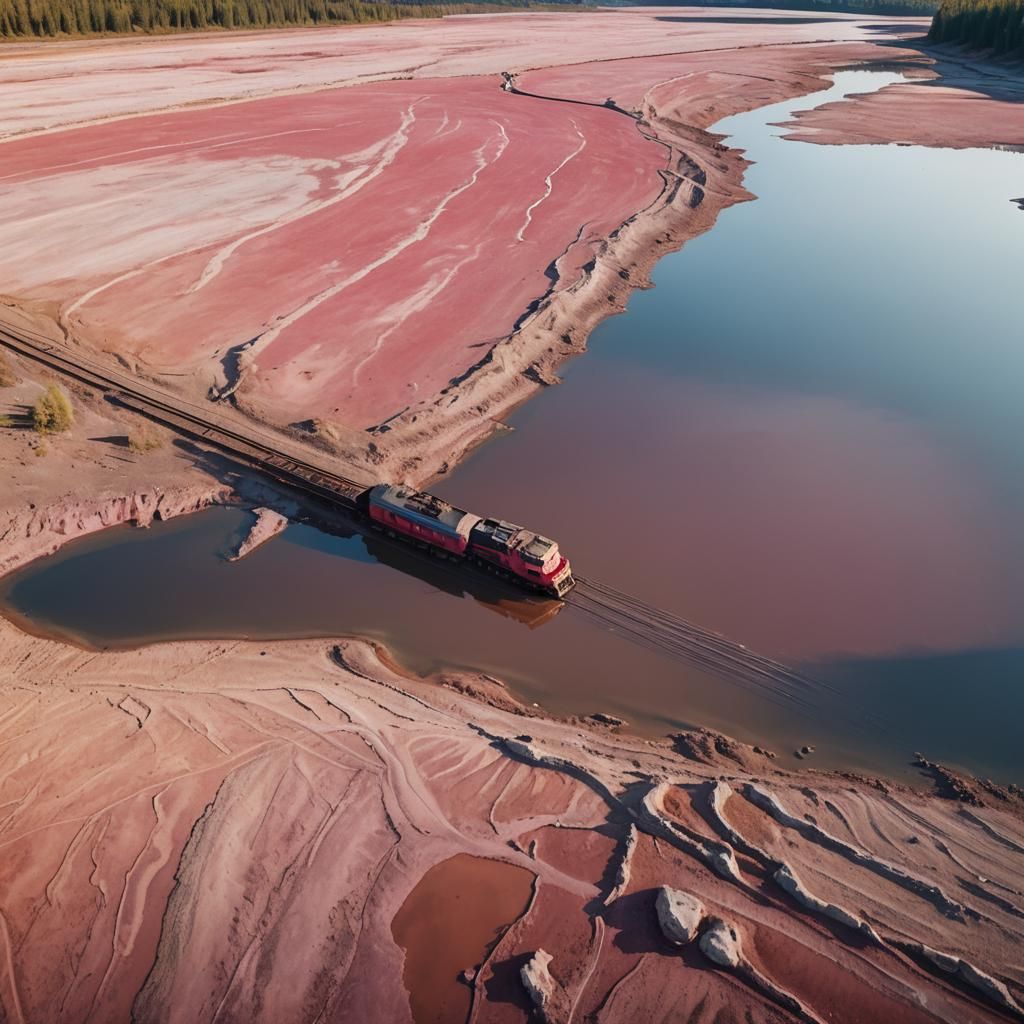 Pink Lake Burlinskoye Train in Soft Watercolor Style