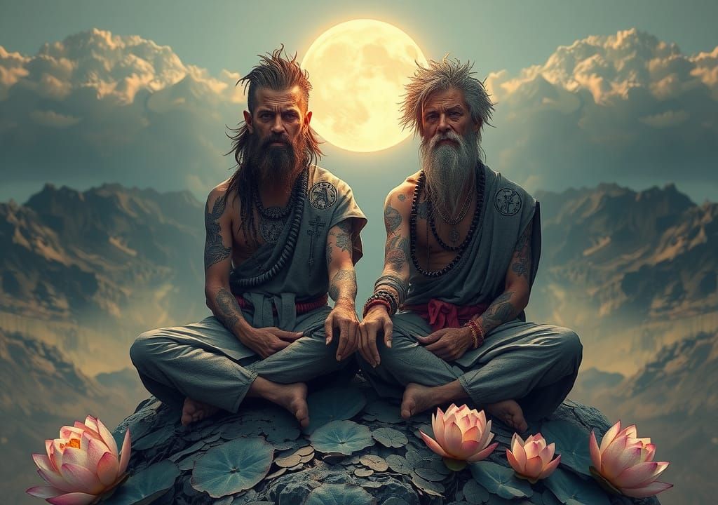Mystical Monks Meditating on Sacred Mountain