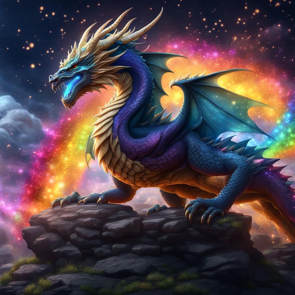 Rainbow Dragon with Stars and Sparkles in Fantasy Art