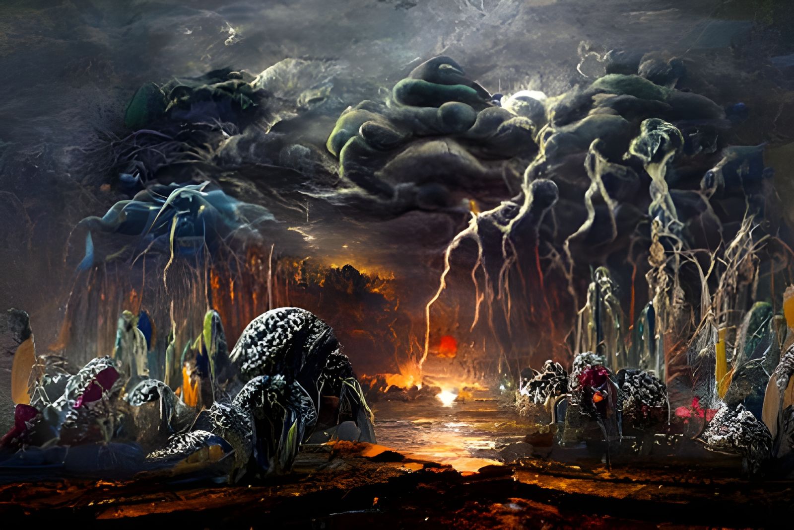 Alien World: Nighttime Thunderstorms in Charcoal Style