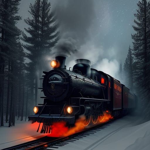 Vintage Steam Train in Snowy Forest Under Starlit Sky