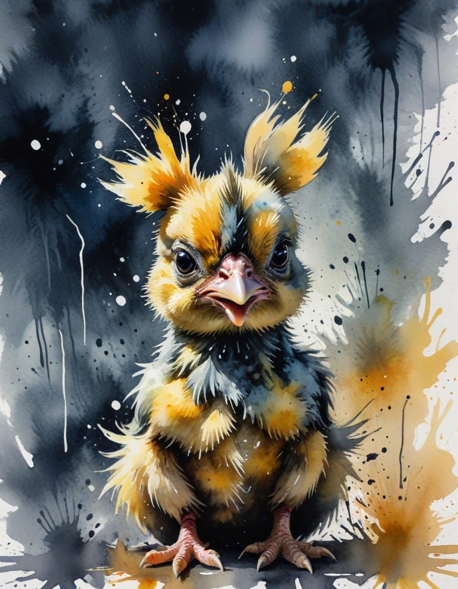 Grumpy Chick in Ink Splatter Style